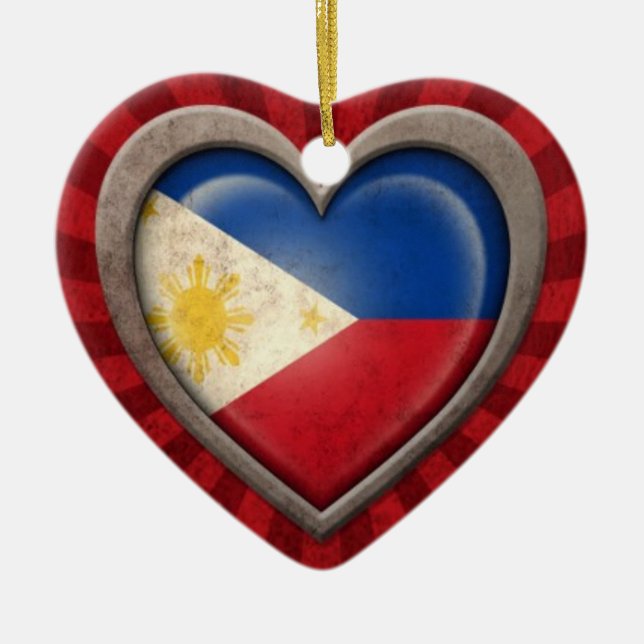 Aged Filipino Flag Heart with Light Rays Ceramic Ornament (Front)
