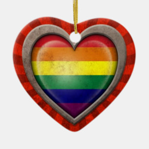 Aged Gay Pride Rainbow Flag Heart with Light Rays Ceramic Ornament
