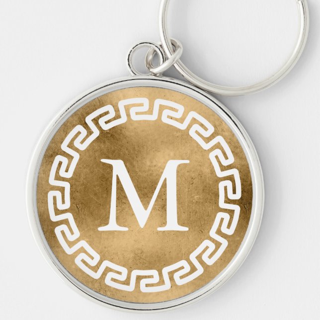 Aged Gold Round Greek Key Border Monogram Keychain (Front)