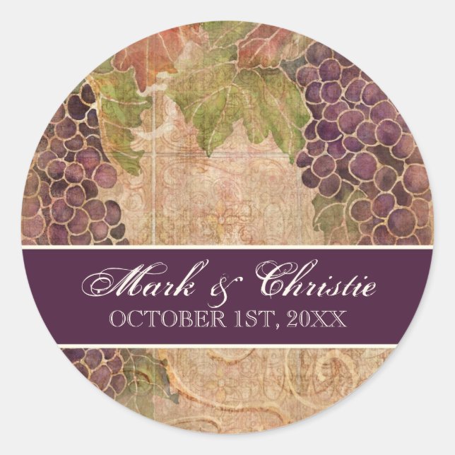 Aged Grape Vineyard Wedding Invitation Classic Round Sticker (Front)