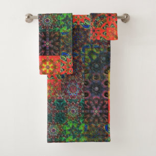 Aged green and coral to brown kaleidoscope mosaic bath towel set