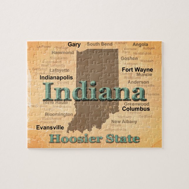 Aged Indiana State Pride Map Silhouette Jigsaw Puzzle (Horizontal)