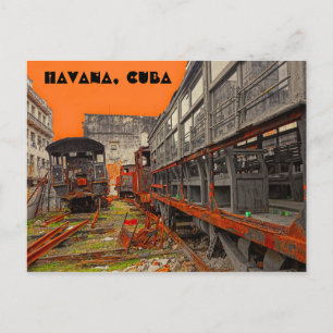 Aged locomotives and railroad wagons in Havana Postcard