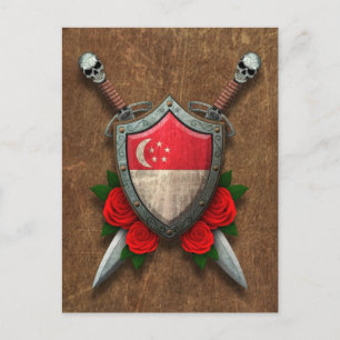 Aged Singapore Flag Shield and Swords with Roses Postcard