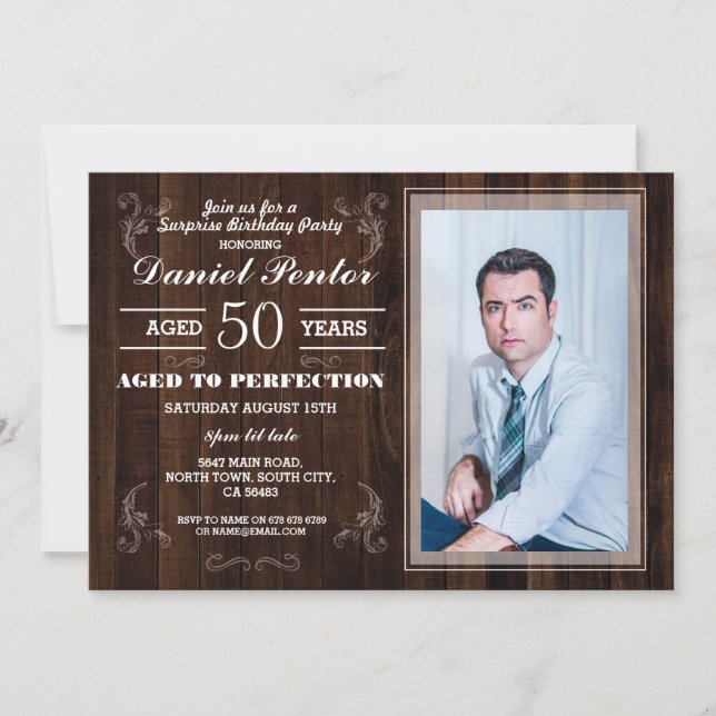 Aged To Perfection Birthday Mens Photo Wood Invitation (Front)