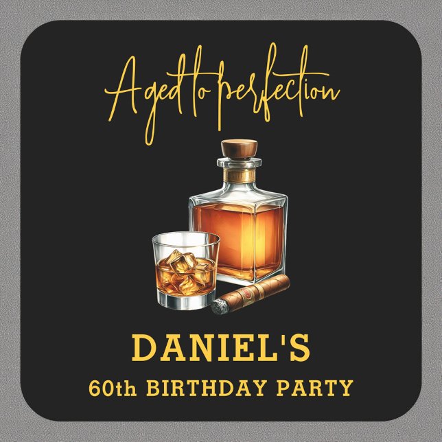 Aged to Perfection Cigar Whiskey 60th Birthday Square Paper Coaster (Creator Uploaded)