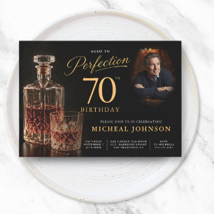 Aged to Perfection Gold Black Photo 70th Birthday Invitation