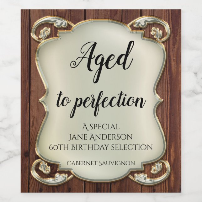 Aged to Perfection Gold Wood Birthday Wine Label (Single Label)