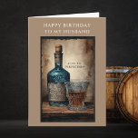 Aged to Perfection Husband Happy Birthday Card<br><div class="desc">Happy Birthday card for him. Happy Birthday To My Husband greeting above a watercolor illustration of an elegant whiskey bottle in shades of blue next to a glass of whiskey with ornate details set on wood. Aged to Perfection text centred in a neutral beige watercolor background and black border enhance...</div>