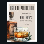 Aged To Perfection Men's Birthday Party Poster<br><div class="desc">Aged To Perfection Birthday Welcome Sign. Greet guests in style with this sophisticated whiskey-themed design. At the top, “Aged To Perfection” is displayed in bold, elegant serif fonts, followed by the birthday person’s name and age for a personalized touch. A bold watercolor whiskey bottle and glass sit on the right...</div>