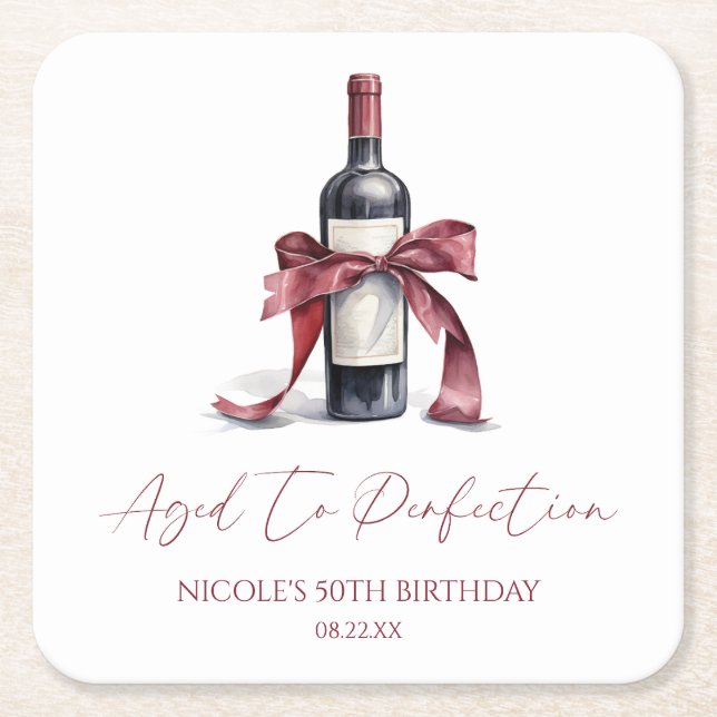 Aged To Perfection Red Wine Bow Birthday Party Square Paper Coaster (Front)