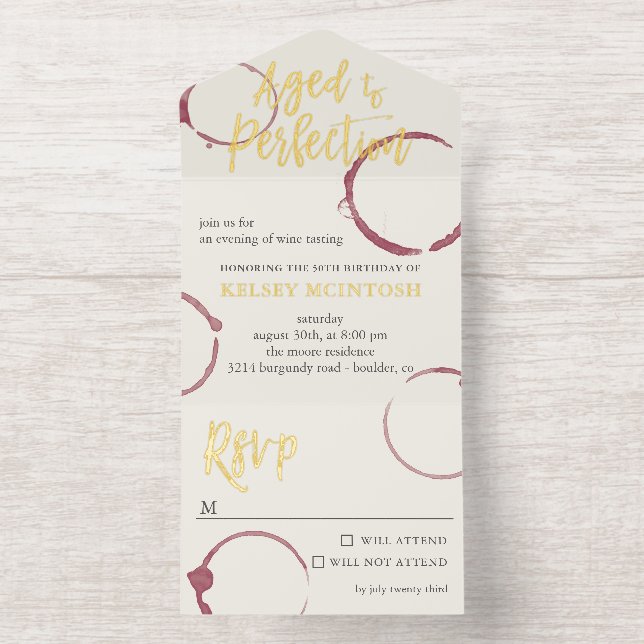 Aged to Perfection Stains Wine Tasting Party Gold All In One Invitation (Inside)