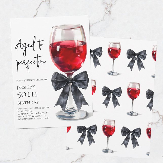 Aged to Perfection Wine Bow 50th Birthday Party Invitation (Aged to Perfection Wine Bow 50th Birthday Party Invitation)