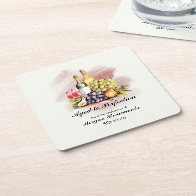 Aged to Perfection Wine Themed 50th Birthday Party Square Paper Coaster (Angled)