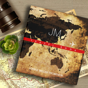 aged travel-book, cool brownish world map binder