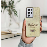 Aged Vintage Believe Heart with Angel Wings Name Samsung Galaxy Case<br><div class="desc">Pretty phone case with a creamy coloured background with an aged vintage look. Trendy typography urges you to "Believe--then become". The design includes a winged heart that has been digitally coloured to coordinate with the background. This case is personalized with a name in a script style font in a size...</div>