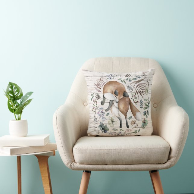 Aged Wood Monogram Name Floral Fox  Throw Pillow (Chair)