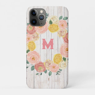 Aged Wood Monogram Rose & Eucalyptus Wreath iPhone 11 Pro Case