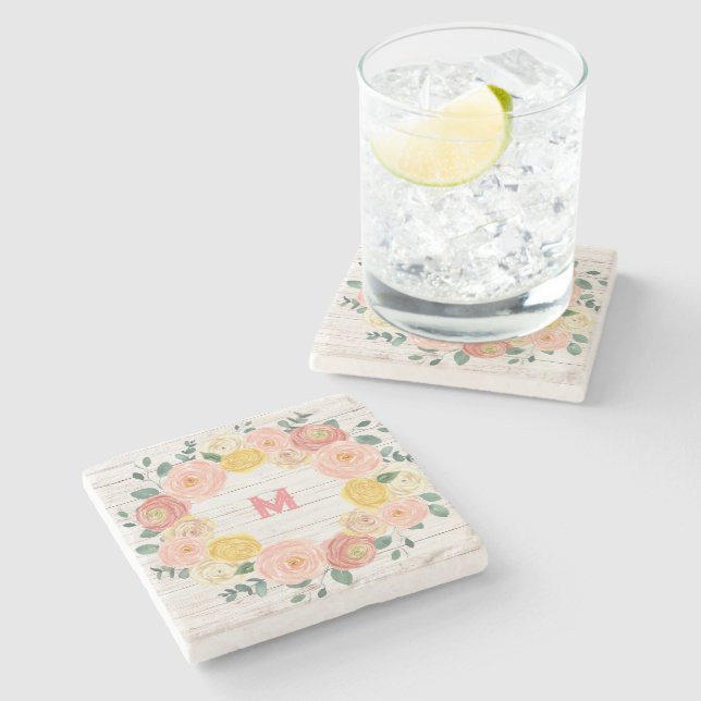 Aged Wood Monogram Rose & Eucalyptus Wreath Stone Coaster (Side)