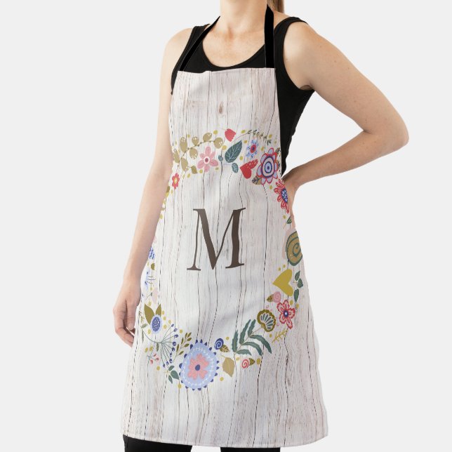 Aged Wood Monogram whimsical Flowers Apron (Insitu)
