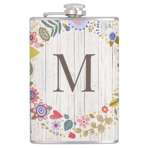 Aged Wood Monogram whimsical Flowers Hip Flask