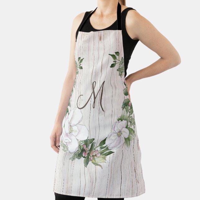 Aged Wood Monogram with Magnolias Wreath Apron (Insitu)