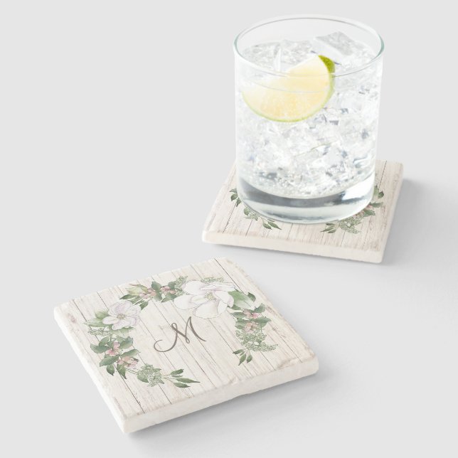 Aged Wood Monogram with Magnolias Wreath Stone Coaster (Side)