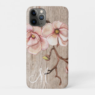 Aged Wood Monogram with Pink Magnolias iPhone 11 Pro Case