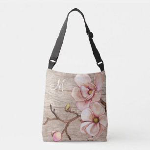 Aged Wood Monogram with Pink Magnolias Crossbody Bag