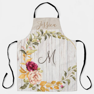 Aged Wood Monogram with Rose Bloom Wreath Apron