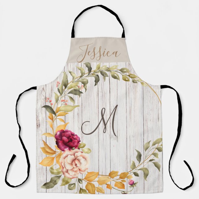 Aged Wood Monogram with Rose Bloom Wreath Apron (Front)