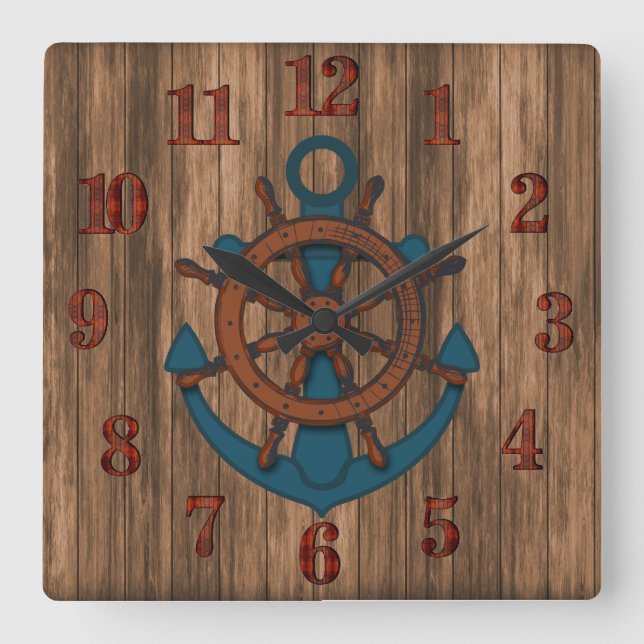 Aged Wood Nautical Anchor Square Wall Clock (Front)