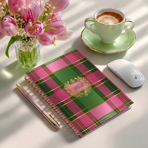 Agenda personnel monogrammé à carreaux rose vert c
