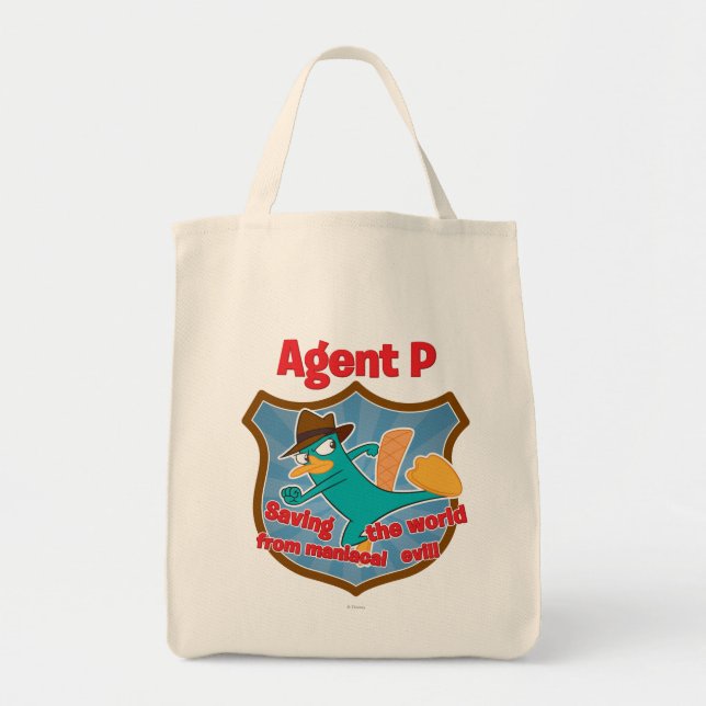Agent P Saving the world from maniacal evil Badge Tote Bag (Front)
