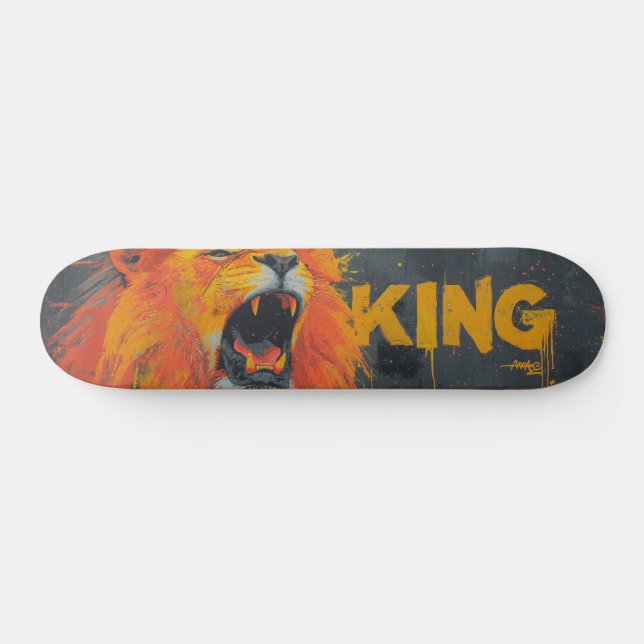 Aggressive Lion Roar Graffiti Mural with King Text Skateboard (Horz)