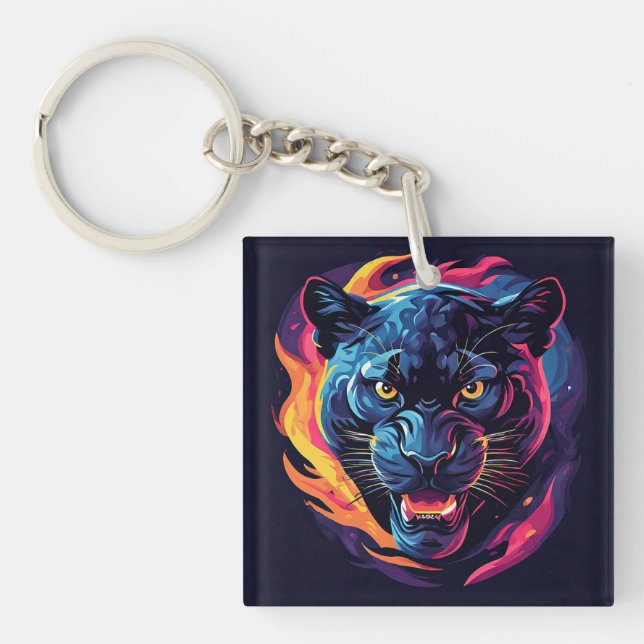 Aggressive Panther Artwork in Neon Colours Keychain (Front)