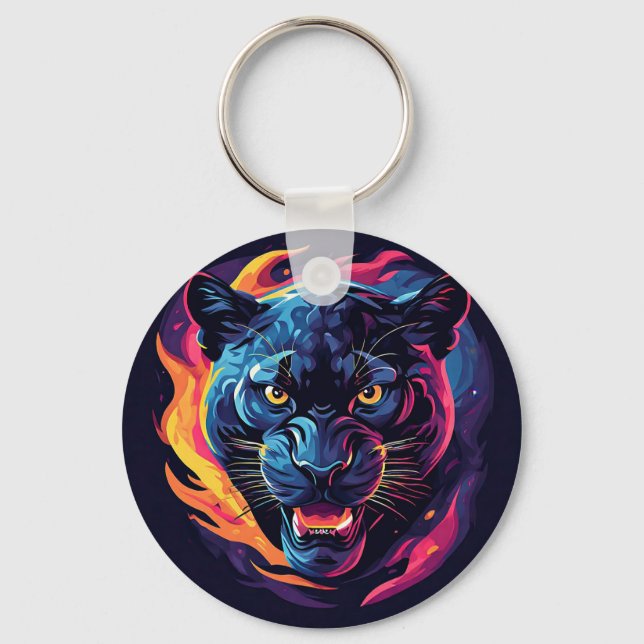 Aggressive Panther Artwork in Neon Colours Keychain (Front)