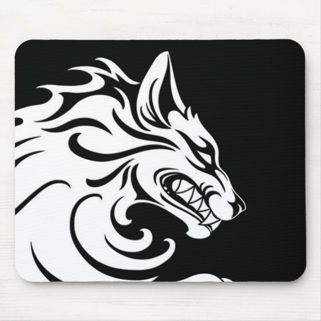 Aggressive White and Black Tribal Wolf Mouse Pad (Front)
