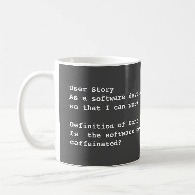 Agile user story coffee mug for software developer (Left)