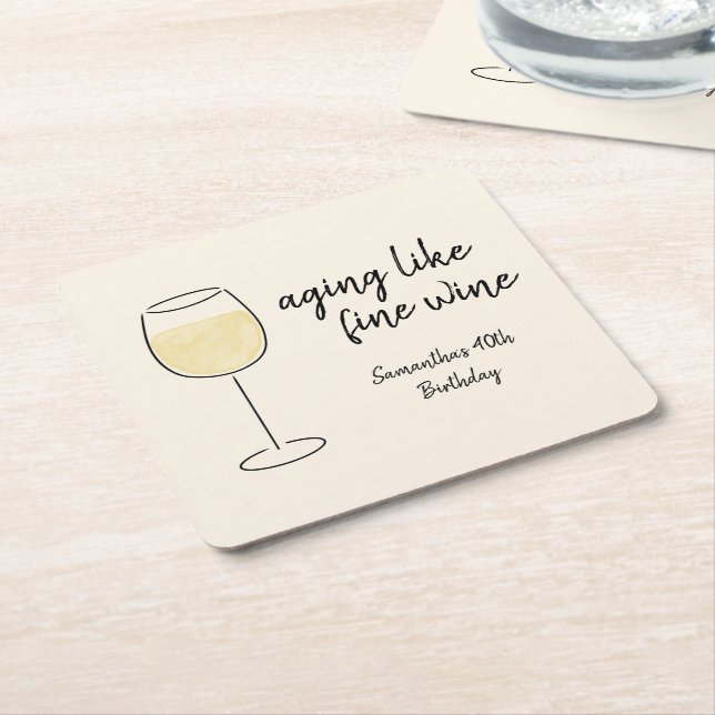 Aging Like Fine Wine White Wine Glass Birthday Square Paper Coaster (Angled)
