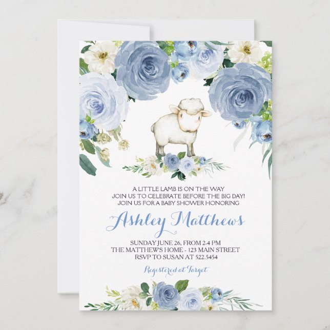 agneau bleu fleur baby shower invitation (Devant)