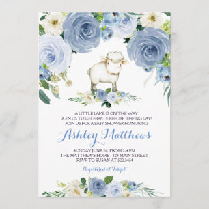 agneau bleu fleur baby shower invitation