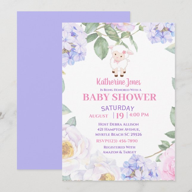 Agneau mou Purple Baby shower Floral Invitation (Devant / Derrière)