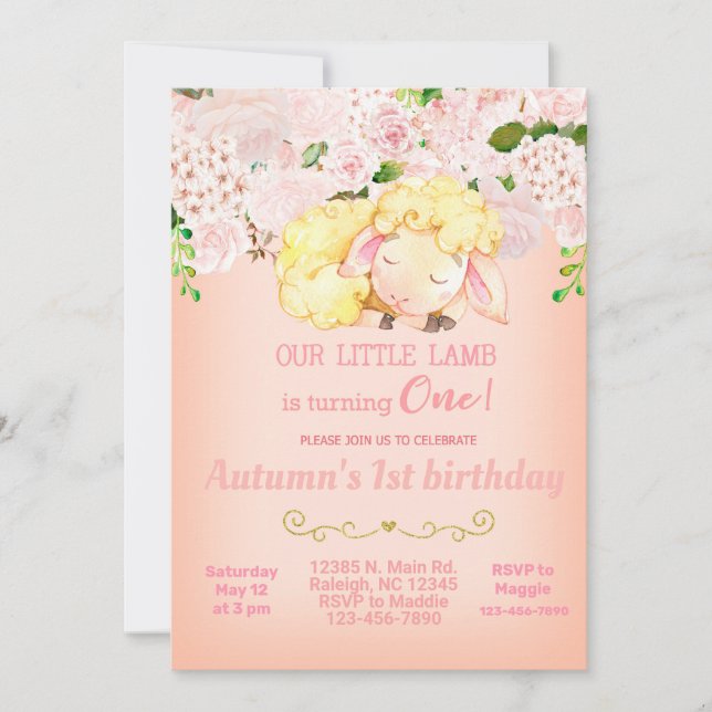 Agneau rose Fille 1ère invitation de premier anniv (Devant)