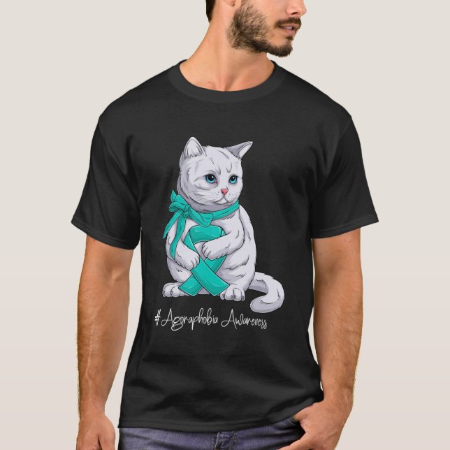 Agoraphobia Awareness Month Teal Ribbon Cat T-Shirt (Front)