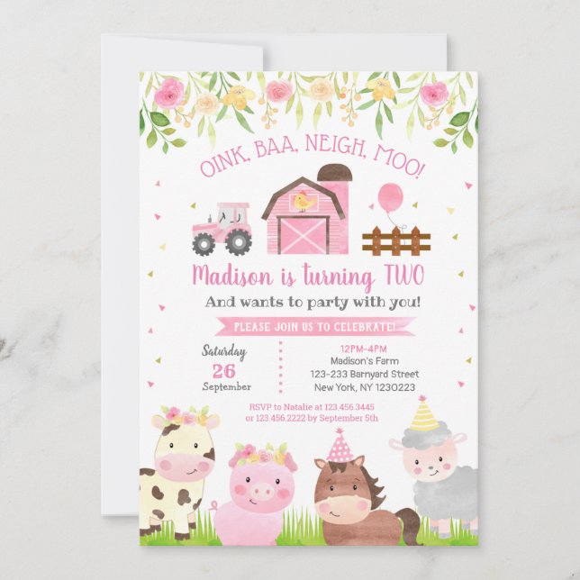 Agritourisme Barnyard Animaux Invitations 2e anniv (Devant)