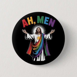 Ah Men Funny Jesus LGBTQ Gay Pride Rainbow 2 Inch Round Button