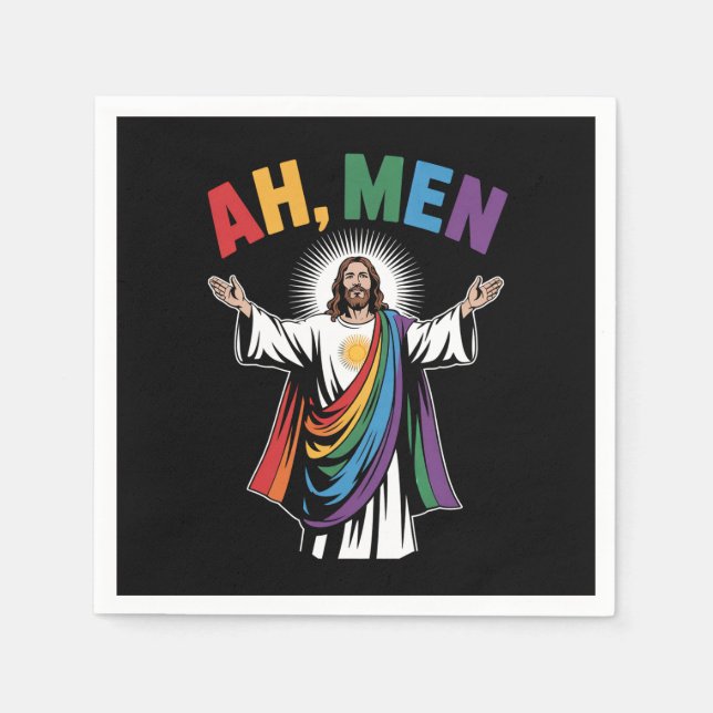 Ah Men Funny Jesus LGBTQ Gay Pride Rainbow Napkin (Front)