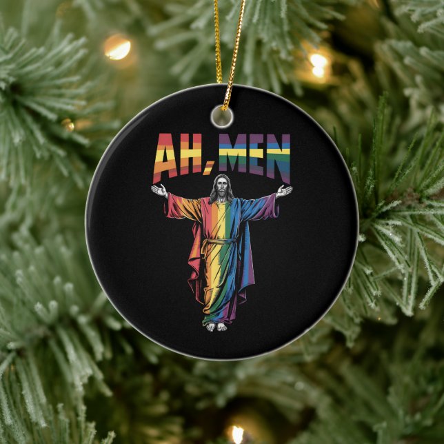 Ah Men Funny LGBT Gay Pride Jesus Christian Ceramic Ornament (Tree)