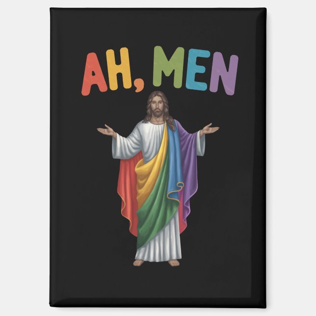 Ah Men Funny LGBT Gay Pride Jesus Rainbow Flag Magnet (Front)